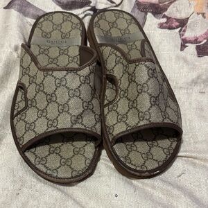 Gucci Beige and Brown Monogram Slides
